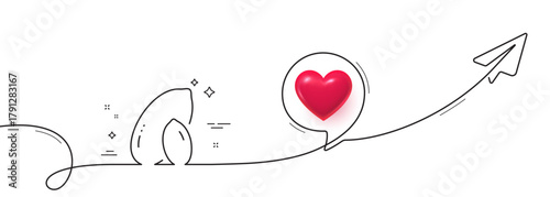 Peanut line icon. Continuous line with share plane. Tasty nut sign. Vegan food symbol. 3d heart in speech bubble. Peanut single line ribbon. Loop curve pattern. Vector