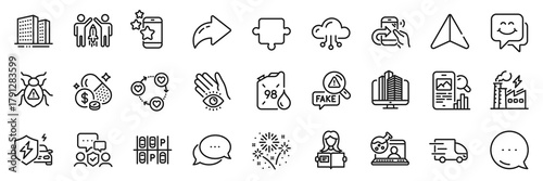 Puzzle, Smile face and Best app line icons pack. Share, Message, Paper plane icons. Share call, Enterprise, Software bug web icon. Medicine price, Cloud computing, Dots message pictogram. Vector