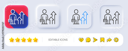 Business results line icon. Neumorphic, Flat shadow, 3d buttons. Person with suitcase sign. Leader skill symbol. Line business results icon. Social media icons. Vector