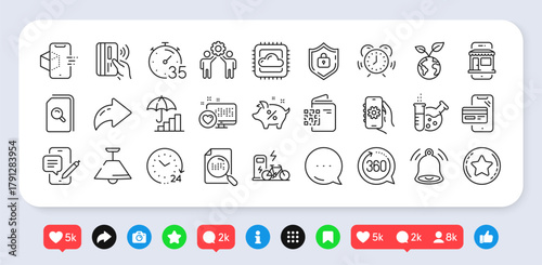 Qr code, Contactless payment and Heart line icons pack. Social media: share, comment, like icons. Time management, 360 degrees, Marketplace web icon. Search file, Save planet, Timer pictogram. Vector