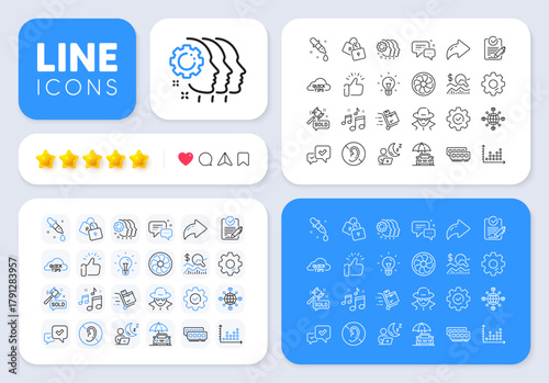 Fan engine, Check investment and Inventory cart line icons for web app. Message, Share, Like social media icons. Pack of Locks, Car insurance, Shift pictogram icons. Vector
