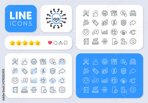 Rating stars, Puzzle game and Eye detect line icons for web app. Message, Share, Like social media icons. Pack of Entrance, Buy currency, Cloud computing pictogram icons. Vector