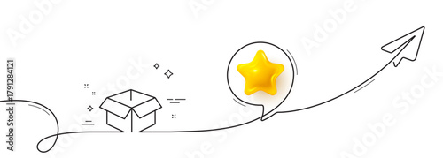 Opened box line icon. Continuous line with share plane. Logistics delivery sign. Parcels tracking symbol. 3d star in speech bubble. Opened box single line ribbon. Loop curve pattern. Vector
