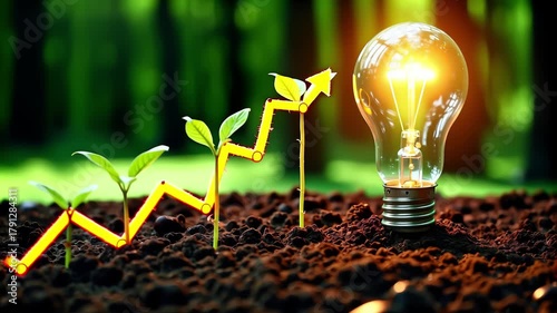 Light bulb sitting on top of a pile of dirt next to a growing plant