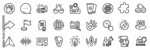 Technical info, Medical drugs and Sunscreen line icons pack. Share, Message, Paper plane icons. Capsule pill, Fake internet, Idea web icon. Sound wave, Milestone, 360 degree pictogram. Vector