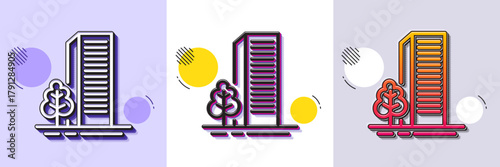 Buildings line icon. Halftone dotted pattern. Gradient icon with grain shadow. City architecture with tree sign. Skyscraper building symbol. Line buildings icon. Various designs. Vector