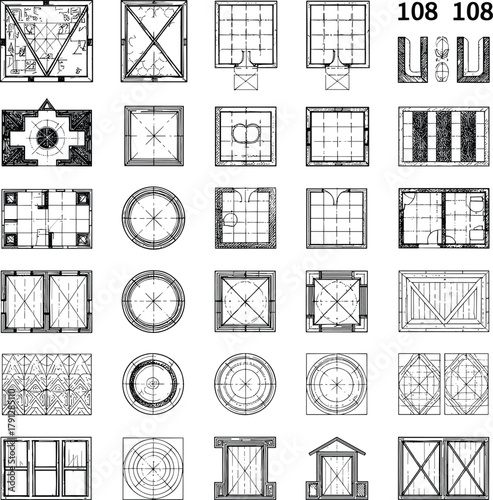Architectural symbol silhouettes, floor plan icons, room layout, door, window, plumbing fixture, furniture, black vector, editable, isolated, design