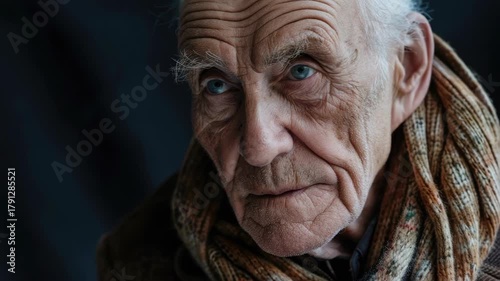 Close-up portrait of an old man with a thoughtful expression and blue eyes.