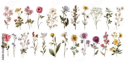 Collection of delicate watercolor wildflowers and botanicals in soft pastel hues
