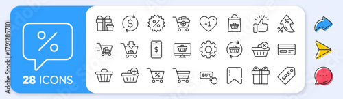 Shopping line icons. Interest rate, AI generate, Inflation icons. Gift box, Present coupon and Sale offer tag signs. Shopping cart, surprise gift and Delivery symbols. Vector