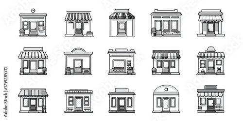 Collection of simple line art icons representing various storefronts and small businesses