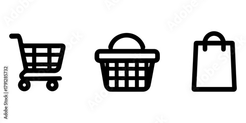 Set of three black outline icons representing shopping cart basket and bag on white background