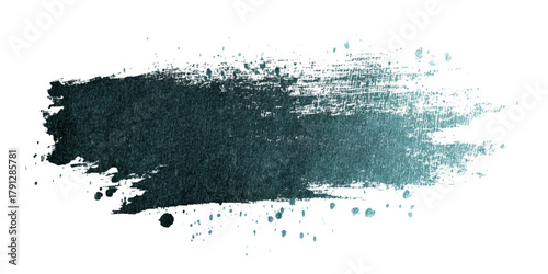 Dark teal brush stroke with splatters isolated on white background abstract art
