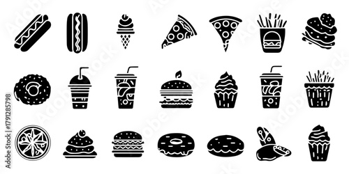 Collection of popular fast food and dessert icons in a clean silhouette style