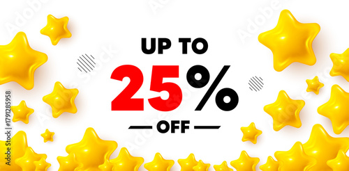 Discount tag winner banner with 3d stars. Golden stars banner. Up to 25 percent off sale. Discount offer price sign. Special offer symbol. Save 25 percentages. Review rate background. Vector