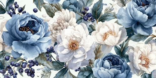Elegant vintage floral pattern with soft blue and cream peonies and greenery