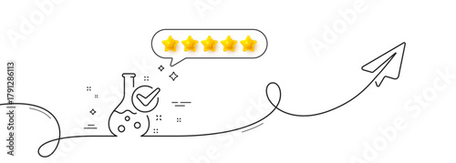 Chemistry lab line icon. Continuous line with share plane. Laboratory flask sign. Analysis symbol. Five star rate review in speech bubble. Chemistry lab single line ribbon. Loop curve pattern. Vector