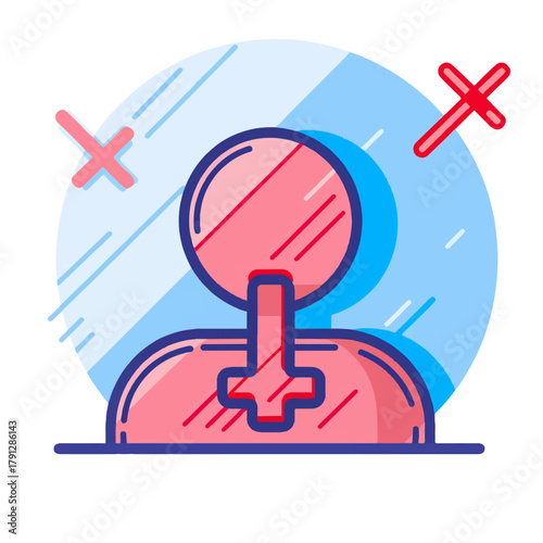 Abstract illustration of a person with a cross symbol over their head representing rejection or cancellation