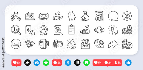 Networking, Currency exchange and Bribe line icons pack. Social media: share, comment, like icons. No card, Cash back, Auction hammer web icon. Finance, Cut tax, Currency audit pictogram. Vector