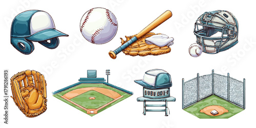 Collection of baseball equipment and field elements illustrated in realistic style