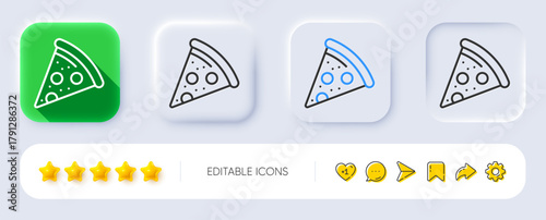 Pizza slice line icon. Neumorphic, Flat shadow, 3d buttons. Pizzeria food sign. Fast food symbol. Line pizza icon. Social media icons. Vector
