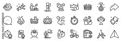 Yoga mind, Arena stadium and Dumbbell line icons pack. Share, Message, Paper plane icons. Juice, Yoga, Timer web icon. Eco bike, Leadership, Strong arm pictogram. Winner cup, Flag, Arena. Vector
