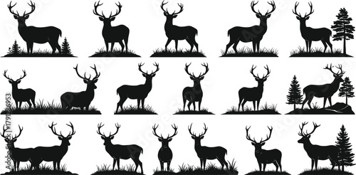 Deer silhouette set, antler poses, forest scene, standing, lying, tree background, black icons, vector illustration, wildlife, nature concept
