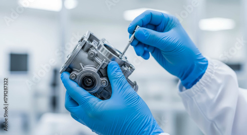 Close-up of hands in blue gloves working on a high-precision silver metal component, using a small screwdriver to tighten a screw in a sterile cleanroom environment.