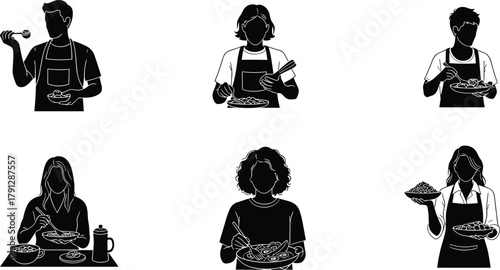 Food serving and eating silhouettes, dining icons, utensils, apron figures, seated meal, black vector, editable, isolated, culinary design