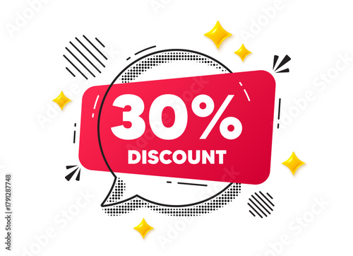 Discount chat speech bubble. Social media concept. 30 percent discount tag. Sale offer price sign. Special offer symbol. Red chat message. Offer speech bubble. Glare 3d stars. Vector