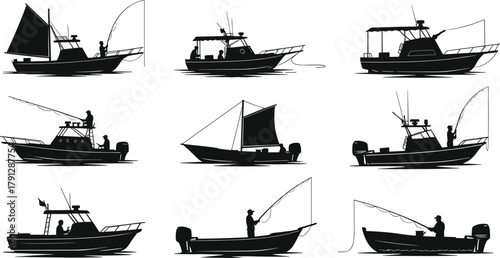 Fishing boat silhouettes, sail and motor, black icons, vector illustration, watercraft set, fishing activity, marine concept, gear, cabin, rod