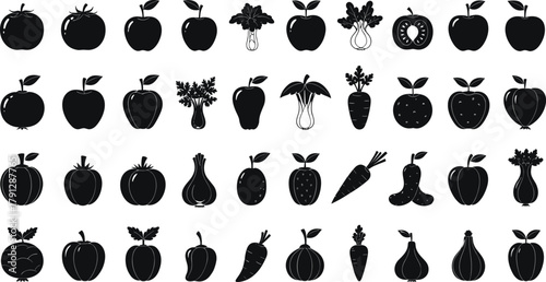 Fruit vegetable silhouettes, black icons, apple, carrot, tomato, onion, leafy greens, vector illustration, food set, nutrition, produce