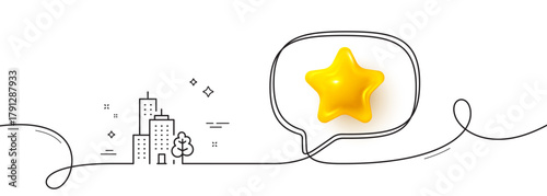 Skyscraper buildings line icon. Continuous line with 3d star. City architecture with tree sign. Town symbol. 3d star in speech bubble. Skyscraper buildings single line ribbon. Vector