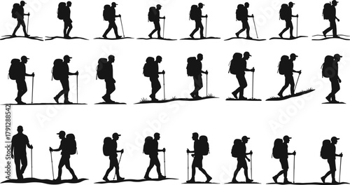 Hiking man silhouettes, backpacker walking with trekking poles, outdoor adventure icons set, mountain trail hiker illustration, black vector, camping design, travel exploration,