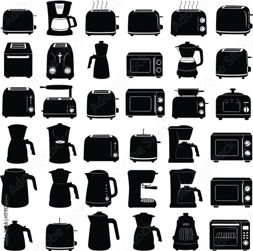 Kitchen appliance silhouettes, toaster coffee maker kettle microwave icons set, home cooking gadgets illustration pack, black vector, minimal design, breakfast tools, 