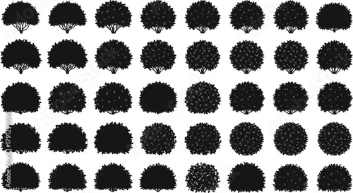 Round bush tree silhouettes, top view foliage icons set, landscape shrub illustration pack, garden design elements, black vector, minimal style, ornamental greenery, park layout symbols, 