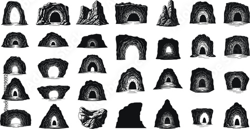 Sea cave silhouettes, coastal grotto icons, rocky cliff arches, ocean cavern illustration set, shoreline geology symbols, black vector, adventure design, nautical landscape elements,