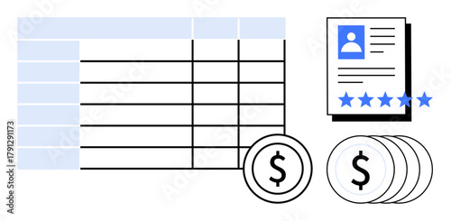 Spreadsheet table with currency symbols, user profile with rating stars, and coins suggesting financial data, monetary operations, or HR performance. Ideal for finance, HR analytics, budgeting