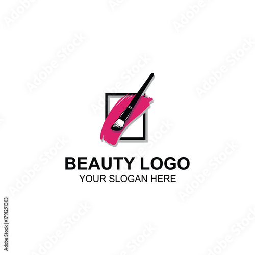 Black Makeup Brush Pink Stroke Beauty Logo Design with Creative Illustration