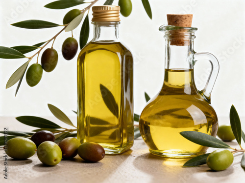 Quadro su tela olive oil in glass bottles with olives and leaves on a neutral colored surface