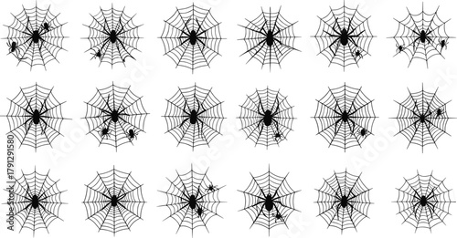 Spider web silhouettes, Halloween spider icons set, creepy cobweb illustration, arachnid network patterns, spooky decor graphics,