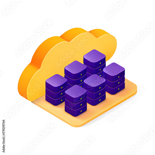 3D cloud storage icon featuring multiple server stacks for data storage