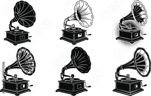 Vintage gramophone silhouettes, phonograph icons, antique audio device, flared horn, turntable, crank handle, black vector, editable, isolated