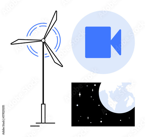 Wind turbine represents renewable energy, blue video icon conveys communication, and Earth with stars signifies global connectivity. Ideal for sustainability, innovation, technology, ecology