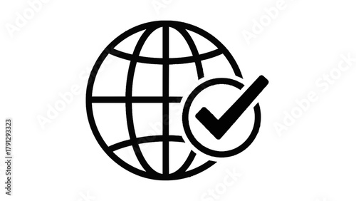 Vector illustration of globe with a check mark, symbolizing global verification or internet security, on a transparent background