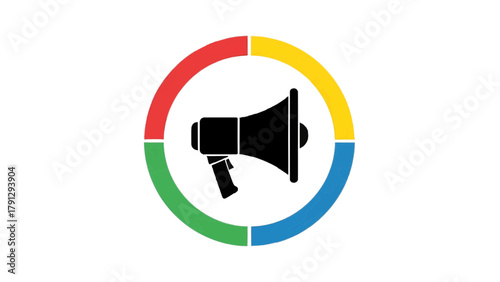 Vector illustration of megaphone icon inside a colorful segmented circle, on a transparent background