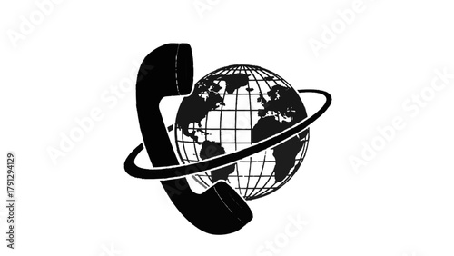 Vector illustration of telephone handset in front of a globe with orbit line on a transparent background