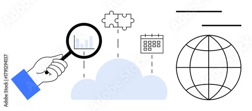 Hand holding magnifying glass over cloud analyzing data charts, puzzle pieces, calendar, and globe connection. Ideal for cloud storage, data analysis, global solutions, collaboration, planning