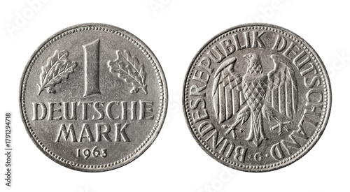 Fényképezés Isolated photo of 1 deutsche mark Germany 1963 G coin obverse and reverse on white background