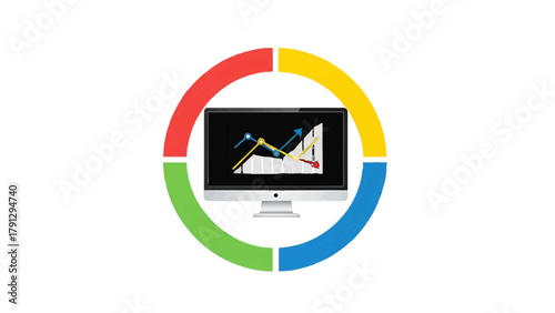 Vector illustration of computer monitor displaying financial chart with colorful circular graph on a transparent background